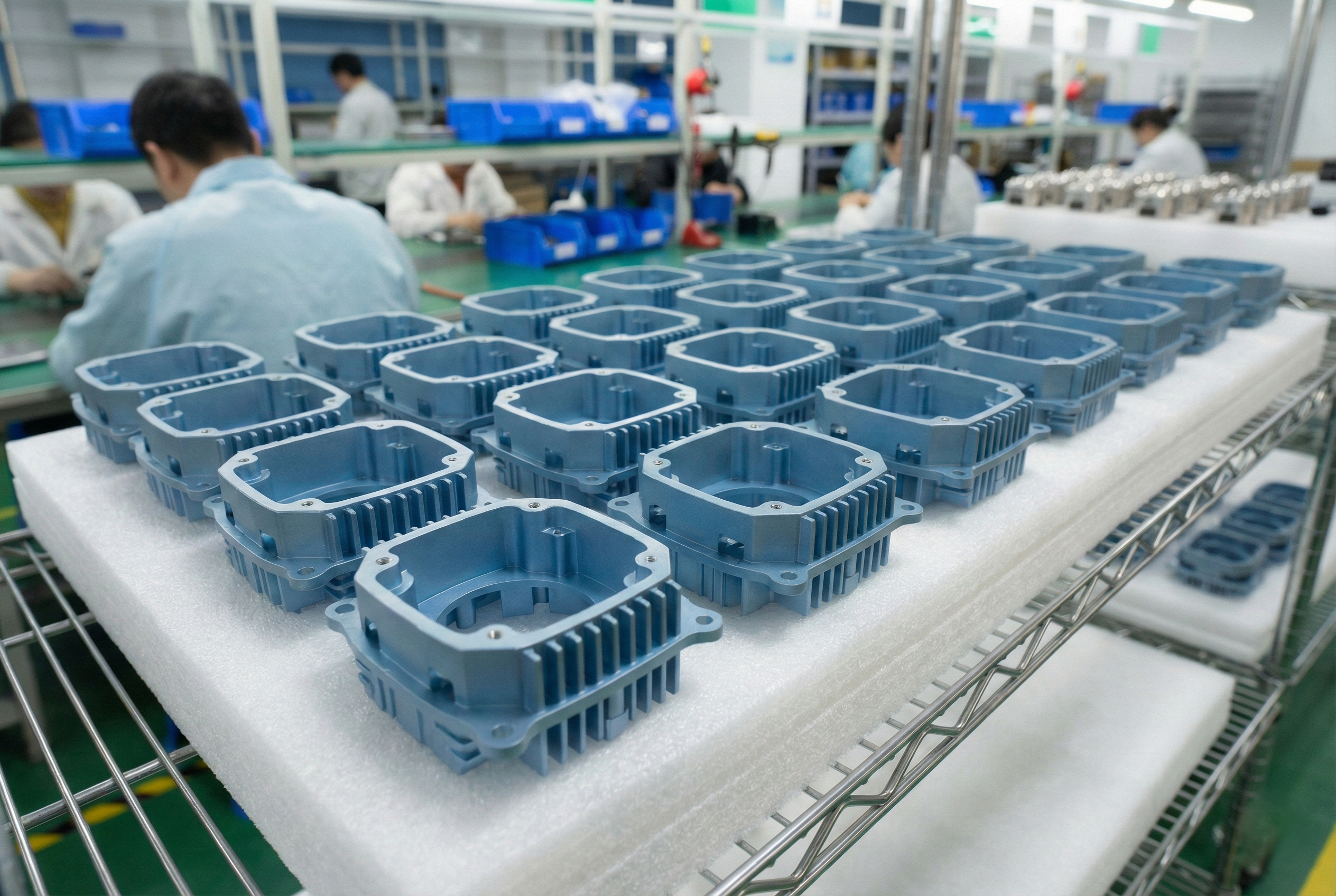 Rows of Aviation-Grade Aluminum heat sinks for 5-Lens Matrix Bi-LED projectors on assembly line storage racks