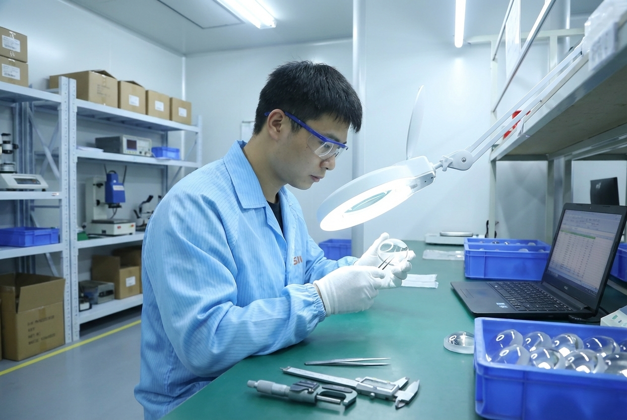 Factory technician in anti-static suit inspecting high borosilicate glass lens materials to ensure optical clarity for automotive Bi-LED projector headlights.