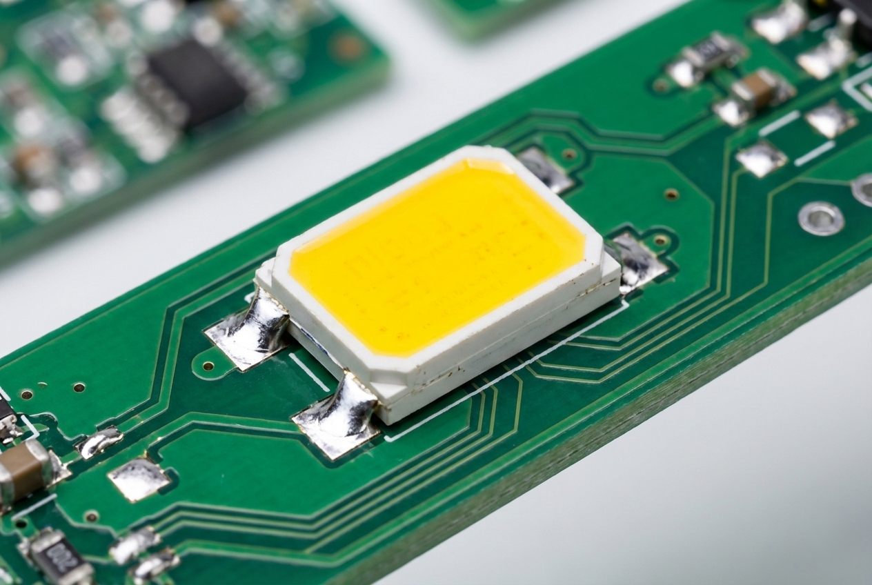Macro view of a high-power top-tier LED chip precisely mounted via Surface Mount Technology (SMT) onto a green circuit board, guaranteeing thermal stability and color consistency for automotive headlights.
