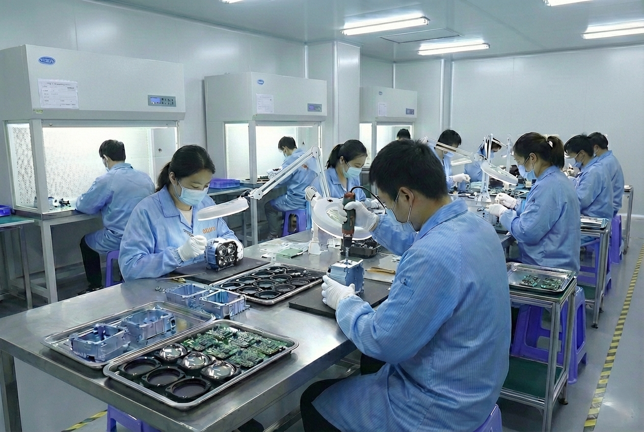 SIUNI technicians in blue anti-static uniforms assembling 5-lens matrix Bi-LED projector headlight units inside a certified dust-free manufacturing workshop.