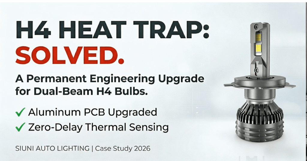 A close-up of the SIUNI H4 LED headlight bulb, the focus of our engineering case study on solving thermal density issues and preventing chip burnouts in extreme climates like Ukraine.
